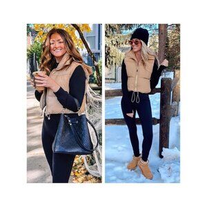 Khaki Zip Up Stand Collar Sleeveless Padded Crop Puffy Vests Womens Size M